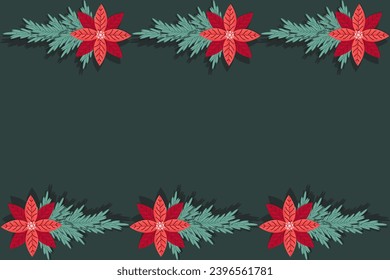 
Creative Christmas background with frame from red Holly flower and copy space. Cut out paper style New Year banner, poster, card, design. Template calendar cover. Vector illustration.