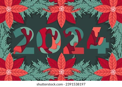 
Kreativer Weihnachtshintergrund mit Holly-Blume und 2024-Nummer. Schneiden Sie Papier Stil Neujahr Banner, Poster, Karte, Design. Vorlage 2024, Kalenderabdeckung. Vektorgrafik.