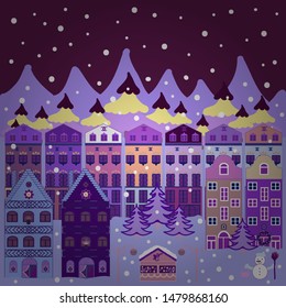 Creative christmas background. Landscape with winter houses, wood, trees, hills on violet, purple and blue colors. Vector illustration.