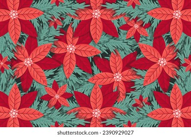 Creative Christmas background with red Holly flower. Cut out paper style New Year banner, poster, card, design. Template calendar cover. Vector illustration. XMAS web wallpaper