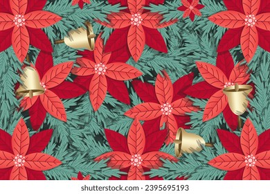 
Creative Christmas background with red Holly flower and golden bell. Cut out paper style New Year banner, poster, card, design. Template calendar cover. Vector illustration. XMAS web wallpaper