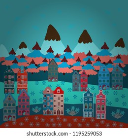 Creative christmas background. Vector illustration. Landscape with winter houses, wood, trees, hills on blue, pink and orange colors.