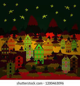 Creative christmas background. Vector illustration. Landscape with winter houses, wood, trees, hills on gray, brown and red colors.