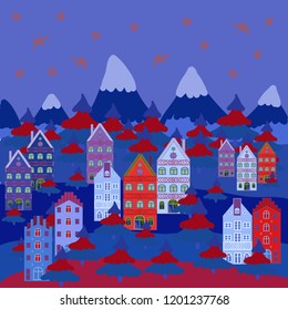 Creative christmas background. Vector illustration. Landscape with winter houses, wood, trees, hills on blue, red and neutral colors.
