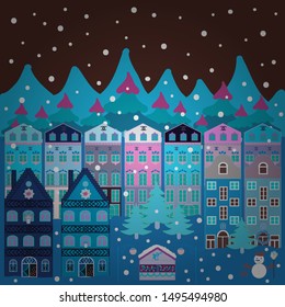 Creative christmas background. Vector illustration. Landscape with winter houses, wood, trees, hills on brown, blue and neutral colors.