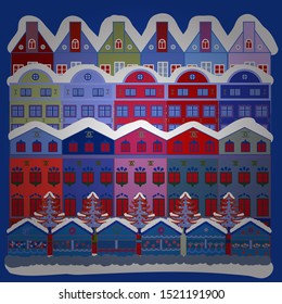 Creative christmas background. Vector illustration. Landscape with winter houses, wood, trees, hills on red, white and blue colors.