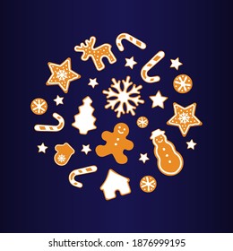 Creative Christmas Ball Silhouette Made of Gingerbread Cookies on Dark Background. Modern Flat Vector Illustration. Design Template.