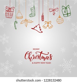 Creative Christmas banner design. Calligraphy quotation and christmas doodles on a grey background. Poster, greeting card, print, postcard, festive background design and template. Vector EPS 10
