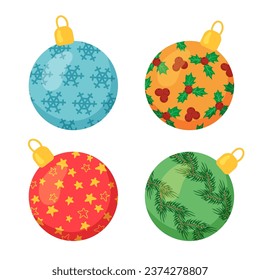 Creative Christmas baubles with decorative ornaments. Vector illustration set. Holliday, party, decoration, celebration concept