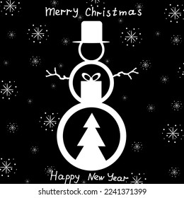 Creative christmas card with black outline snowman in top hat with fir and gift box inside on white background with snowflakes and inscription merry christmas and happy new year. Website banner.