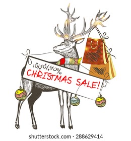 Creative Christmas card with deer in scarf holding banner Christmas sale