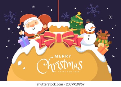 Creative Christmas card design. Flat illustration of Santa Claus with his festive partners on huge snow covered hanging bauble on dark blue background