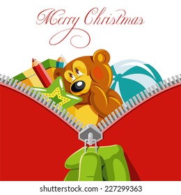 Creative Christmas card. Santa Claus hand opens the bag with toys