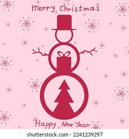 Creative christmas card with viva magenta outline snowman in top hat with fir and gift box inside with snowflakes and inscription merry christmas and happy new year. Website banner.