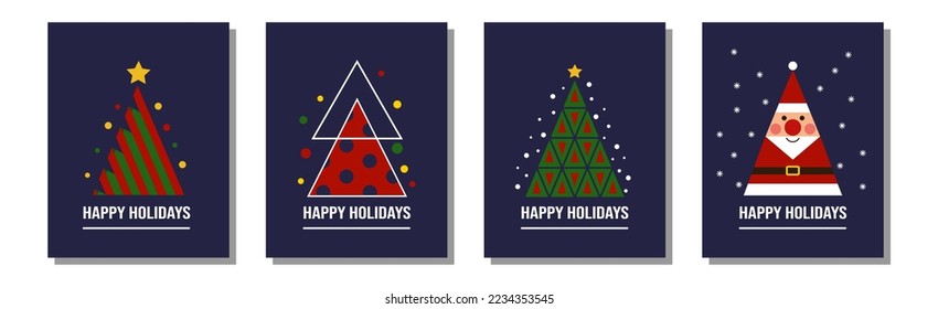 Creative christmas cards, modern xmas tree cards. Abstract corporate calendar covers, holiday greeting or geometric invitations. Pine plants in triangle shapes. Vector graphic tidy concept