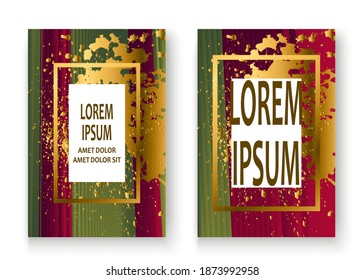 Creative Weihnachtsdecke Rahmen Design Farbe golden Spatz, Gold glitter Vektorgrafik. Neon rote grüne abstrakte Vorlage Einladung. Farbiges gestreiftes Muster, geometrische Form, Grußhintergrund