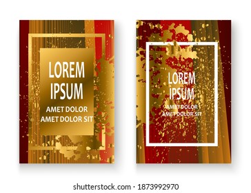 Creative Christmas cover frame design paint golden splatter, gold glitter vector illustration. Neon red green abstract template invitation. Colorful striped pattern geometric shape greeting background