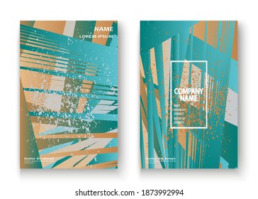 Diseño creativo de marco de cubierta navideña pintan bandeja dorada, ilustración vectorial de brillo dorado. Invitación de plantilla abstracta de color beige turquesa.Fondo de bienvenida con forma geométrica de patrón a rayas coloridas