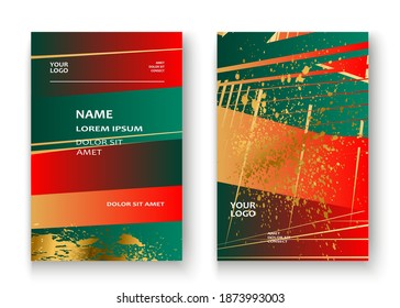 Creative Christmas cover frame design paint golden splatter, gold glitter vector illustration. Neon red green abstract template invitation. Colorful striped pattern geometric shape greeting background