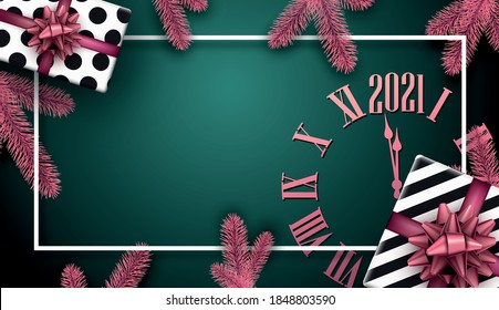 Creative christmas frame on green background. Pink clock face, spruce branches. Black and white present boxes with beautiful pink bows. White square frame. Dark green background. Vector 