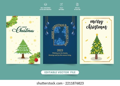 Diseño creativo de tarjetas de regalo navideño con corona realista y caligrafía de deseos. Vector de tarjetas de invitación de lujo con fondo azul y blanco roto. Diseño moderno de tarjetas de felicitación con caligrafía.