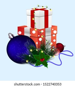 Creative christmas glossy gift boxes with ribbon, garland and mistletoe for christmas celebration. Colorful christmas elements and decorations.