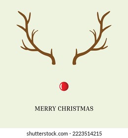 Creative Christmas greeting card with reindeer antlers red nose Merry Christmas text. Holiday poster banner template