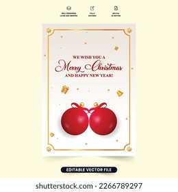 Creative Christmas greeting and wish card template design on an off-white background. Christmas gift card vector with golden elements and red decoration balls. Xmas greeting card layout design.