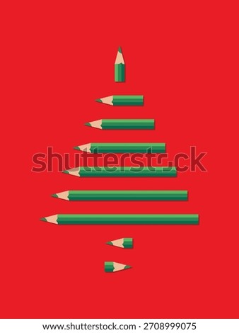 Creative Christmas illustration featuring a stylized tree made of green colored pencils on a bold red background. Modern minimal holiday concept ideal for greeting cards, posters, and festive designs.