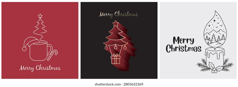 Creative Christmas illustrations featuring steaming mug hot air balloon tree and scenic candle design set.
