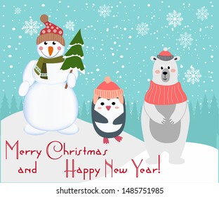 Creative Christmas and new year card with snowmen, polar bear and penguin