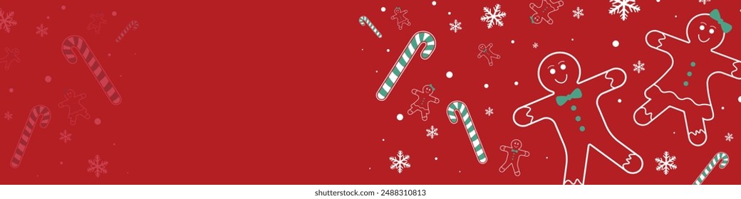 Creative Christmas and New year design banner template. Gingerbread, candy canes and snowflakes texture. Decorative background template for card or banner designs. 