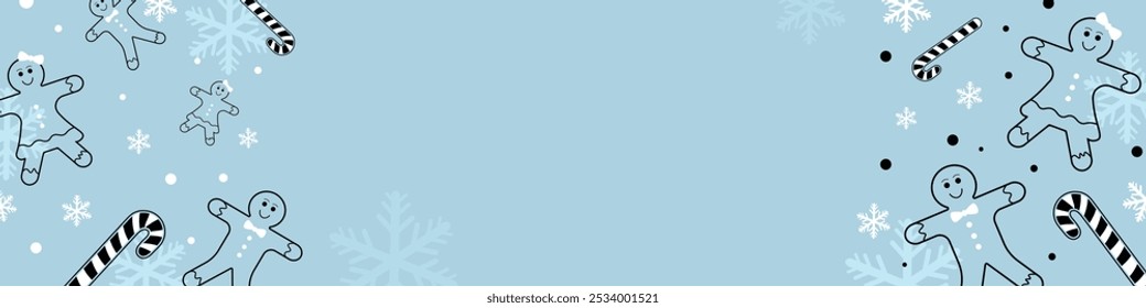 Navidades creativas y Anuncio de diseño de Nuevo año y Plantilla de letreros. Pan de jengibre, bastones de caramelo y textura de copos de nieve. Plantilla de fondo decorativo para diseños de tarjeta o Anuncio. Diseño de diseño de Vector.