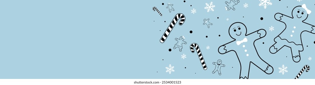 Navidades creativas y Anuncio de diseño de Nuevo año y Plantilla de letreros. Pan de jengibre, bastones de caramelo y textura de copos de nieve. Plantilla de fondo decorativo para diseños de tarjeta o Anuncio. Diseño de diseño de Vector.