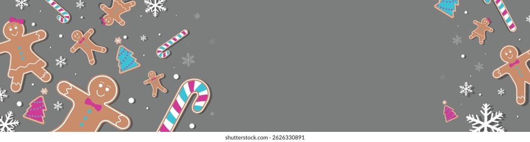 Creative Christmas and New year design banner template. Gingerbread, candy canes and snowflakes texture. Decorative background template for card or banner designs. 