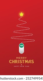 Creative Christmas and New Year's Eve background with Christmas tree in dotted lines with Turn on button