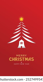 Creative Christmas and New Year's Eve background with paper cut style Christmas tree on red background.