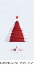 Creative Christmas and New Year's Eve background with red ladder Christmas tree rising like a stage.