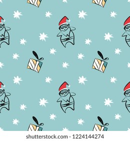 Creative christmas pattern background with santa and gift background childish drawing style vector.