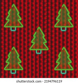 Creative christmas pattern with green neon christmas tree on red braided three-dimensional background. 3d seamless christmas vector illustration. New year concept. 