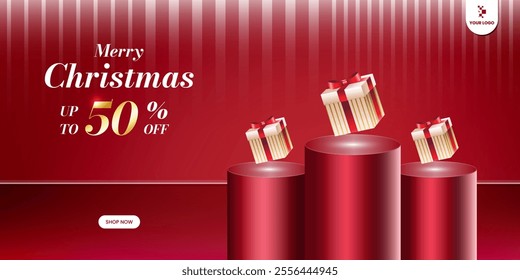 Creative Christmas sale banner with 50% off offer. Highlights golden text, podiums with gift boxes, and a 'Merry Christmas' greeting. Ideal for festive promotions and seasonal marketing campaigns.