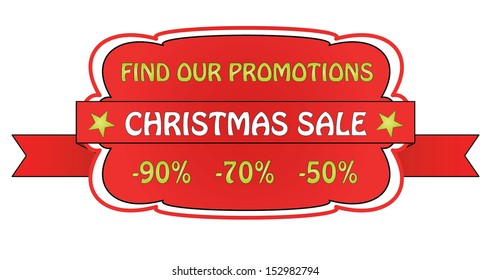 Creative Christmas sale label with ribbon and text. Red isolated easy to edit label with find our promotion and Christmas sale text. 