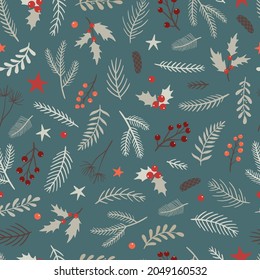 kreatives, nahtloses Weihnachtsmuster mit dekorativen Blumenelementen. Skandinavisches Design für Textilien, Umschlagpapier, Tapete, Scrapbooking, Hintergründe, Karten usw. EPS10