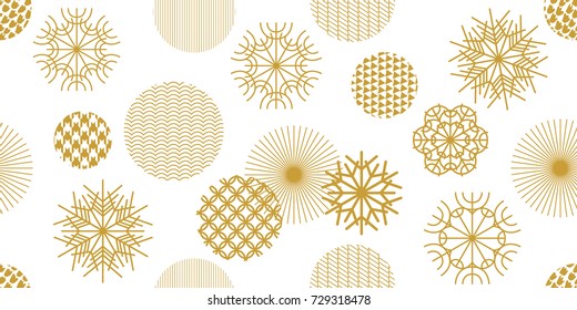 Creative Christmas seamless pattern with geometric motifs. Snowflakes and circles with different ornaments. Retro textile collection. On white background.