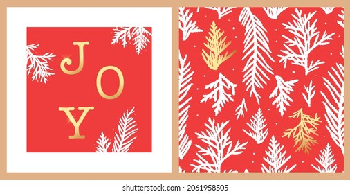 creative Christmas set of greeting card with typography quote 'Joy' and seamless pattern on red background. Good for prints, invitations, wrapping paper, scrapbooking, posters, etc. EPS 10