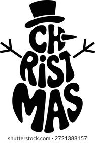 Kreative Christmas Snowman Typografie. Vektorgrafik des festlichen Textes Geformt wie ein Schneemann mit Hut und Stockarmen. Schwarz-Weiß Weihnachtsbriefing Design.