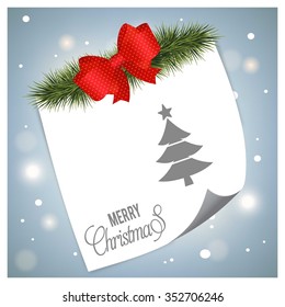 Creative Christmas tree Card. Christmas background with fir twigs and Ribbon banner with page curl card on glowing background.