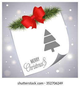 Creative Christmas tree Card. Christmas background with fir twigs and Ribbon banner with page curl card on glowing background.