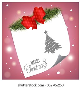Creative Christmas tree Card. Christmas background with fir twigs and Ribbon banner with page curl card on glowing background.