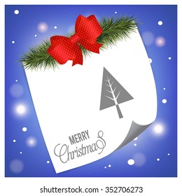 Creative Christmas tree Card. Christmas background with fir twigs and Ribbon banner with page curl card on glowing background.